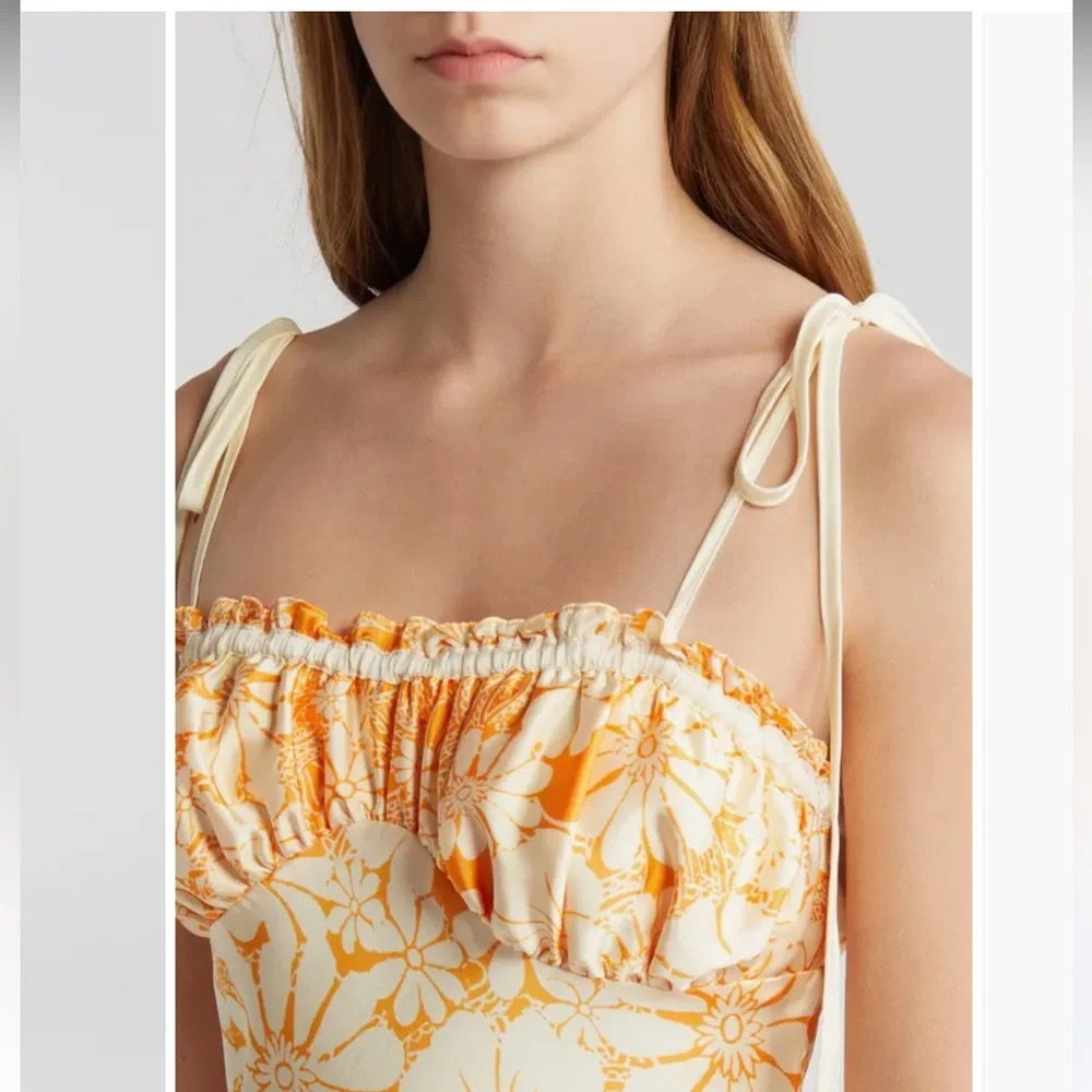 Free People Retro Daisy Asymmetrical Slipdress Orange Gold Floral Sz M - Picture 3 of 13